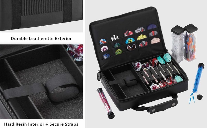 CASEMASTER The Pro Leatherette Dart Case with Leather-Like Exterior Covering, Holds 9 Steel Tip or Soft Tip Darts with 15 Built-in Pockets for Accessories and Plastic Tubes and Containers for Even More - Image 5